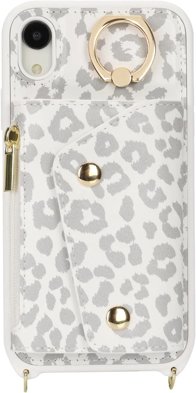 for iPhone XR Case with Card Holder and Strap - Zipper Pocket,Crossbody Lanyard Strap,Credit Card Holder,Stand Ring,Cute Phone Wallet Case for Women(White Leopard,6.1 Inch)