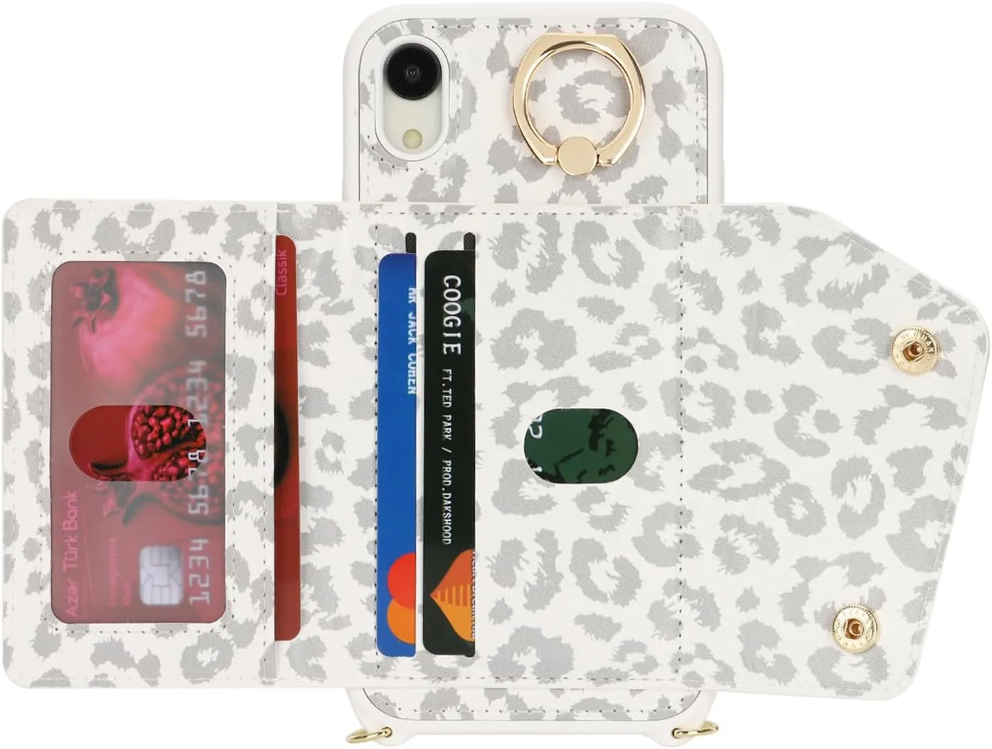 for iPhone XR Case with Card Holder and Strap - Zipper Pocket,Crossbody Lanyard Strap,Credit Card Holder,Stand Ring,Cute Phone Wallet Case for Women(White Leopard,6.1 Inch)