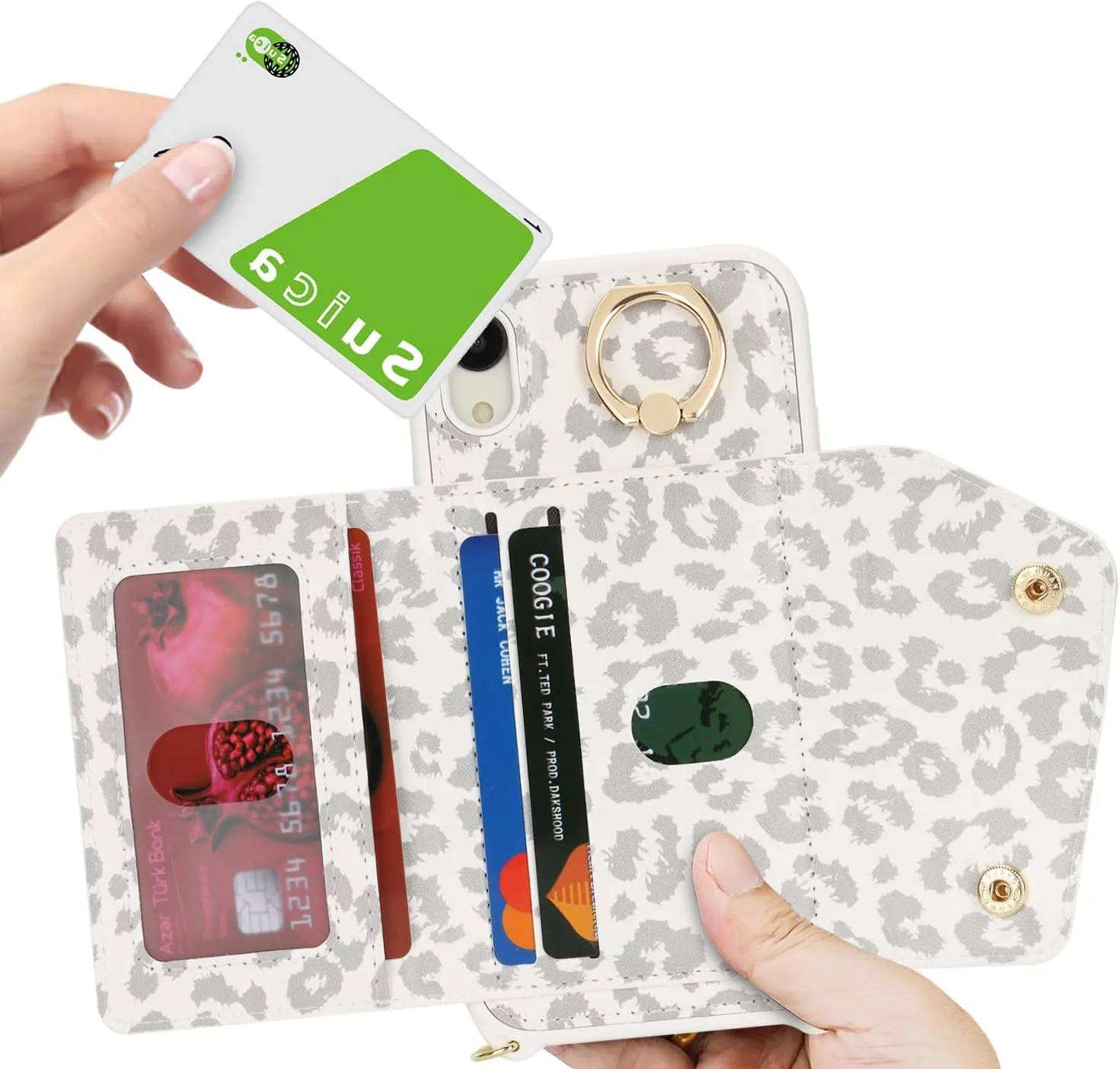 for iPhone XR Case with Card Holder and Strap - Zipper Pocket,Crossbody Lanyard Strap,Credit Card Holder,Stand Ring,Cute Phone Wallet Case for Women(White Leopard,6.1 Inch)