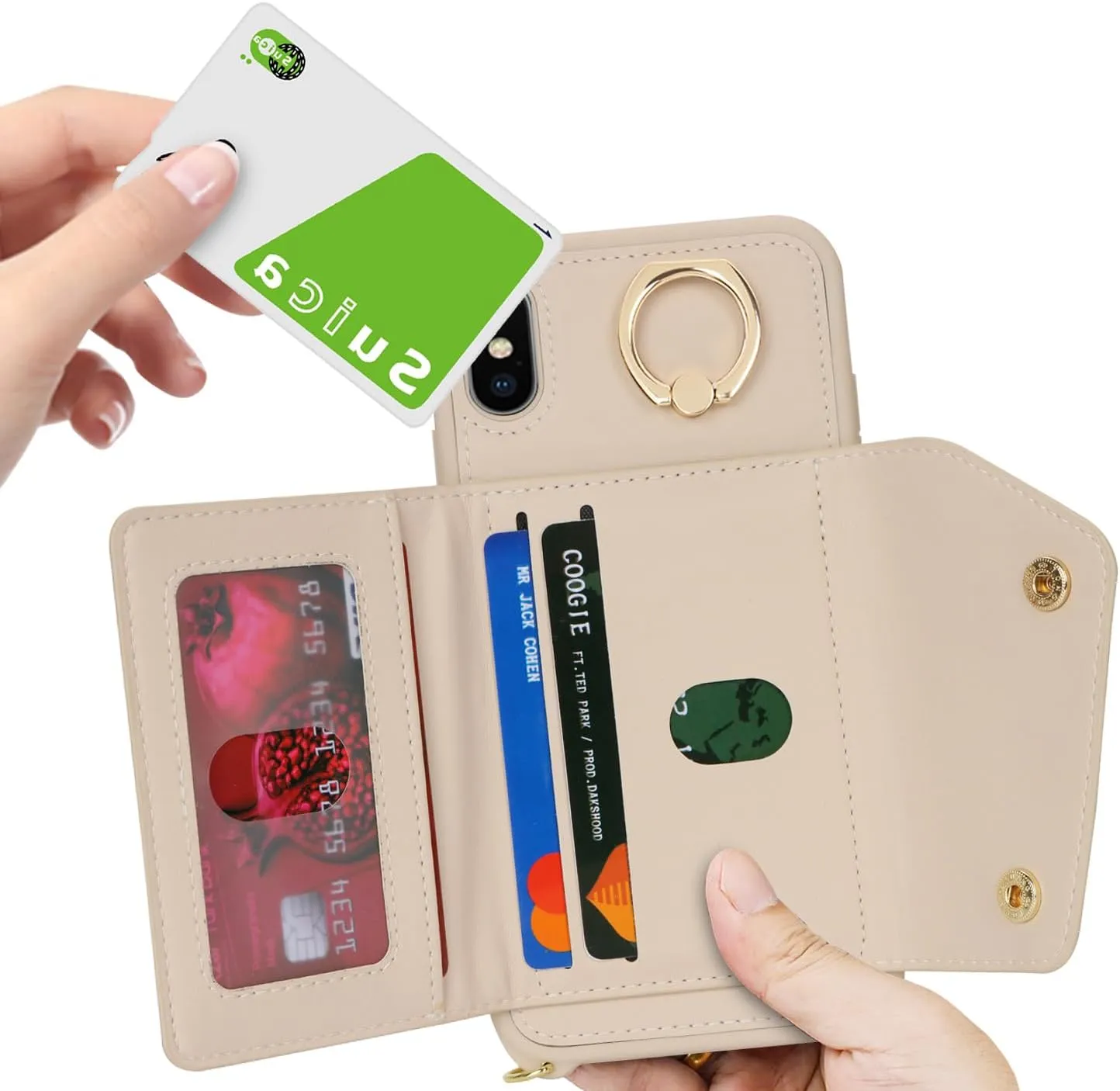 for iPhone X/XS Case with Card Holder and Strap - Zipper Pocket,Crossbody Lanyard Strap,Credit Card Holder,Stand Ring,Cute Phone Wallet Case for Women(Beige,5.8 Inch)