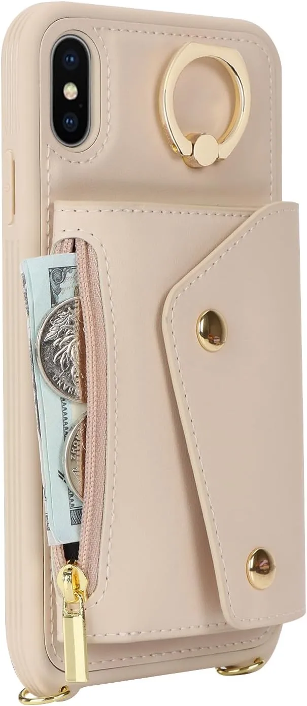 for iPhone X/XS Case with Card Holder and Strap - Zipper Pocket,Crossbody Lanyard Strap,Credit Card Holder,Stand Ring,Cute Phone Wallet Case for Women(Beige,5.8 Inch)