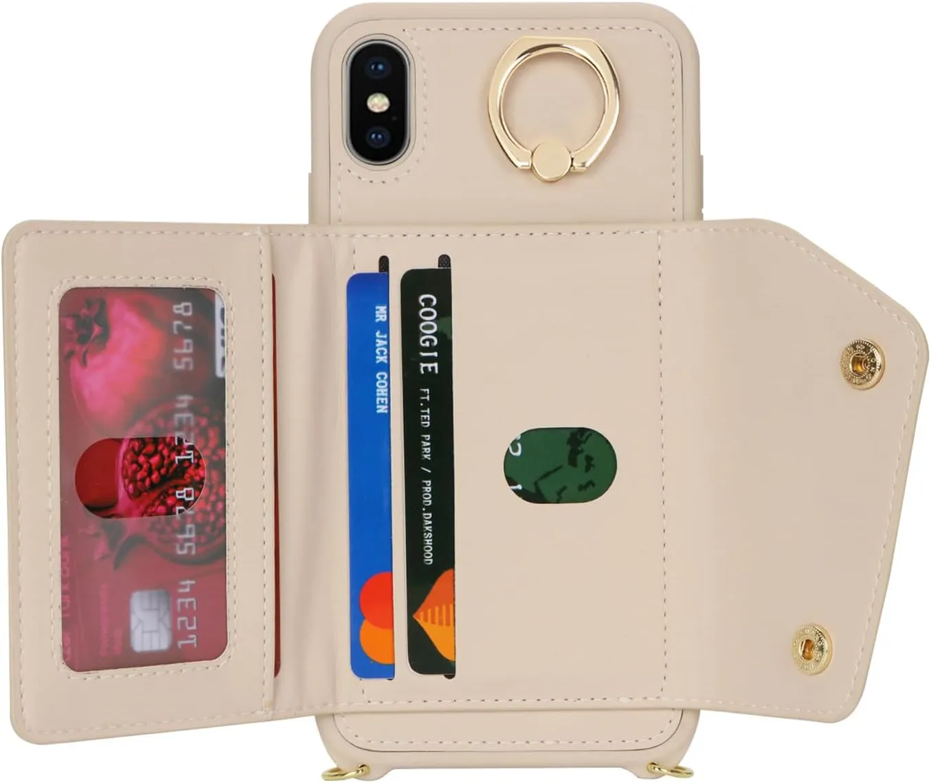 for iPhone X/XS Case with Card Holder and Strap - Zipper Pocket,Crossbody Lanyard Strap,Credit Card Holder,Stand Ring,Cute Phone Wallet Case for Women(Beige,5.8 Inch)