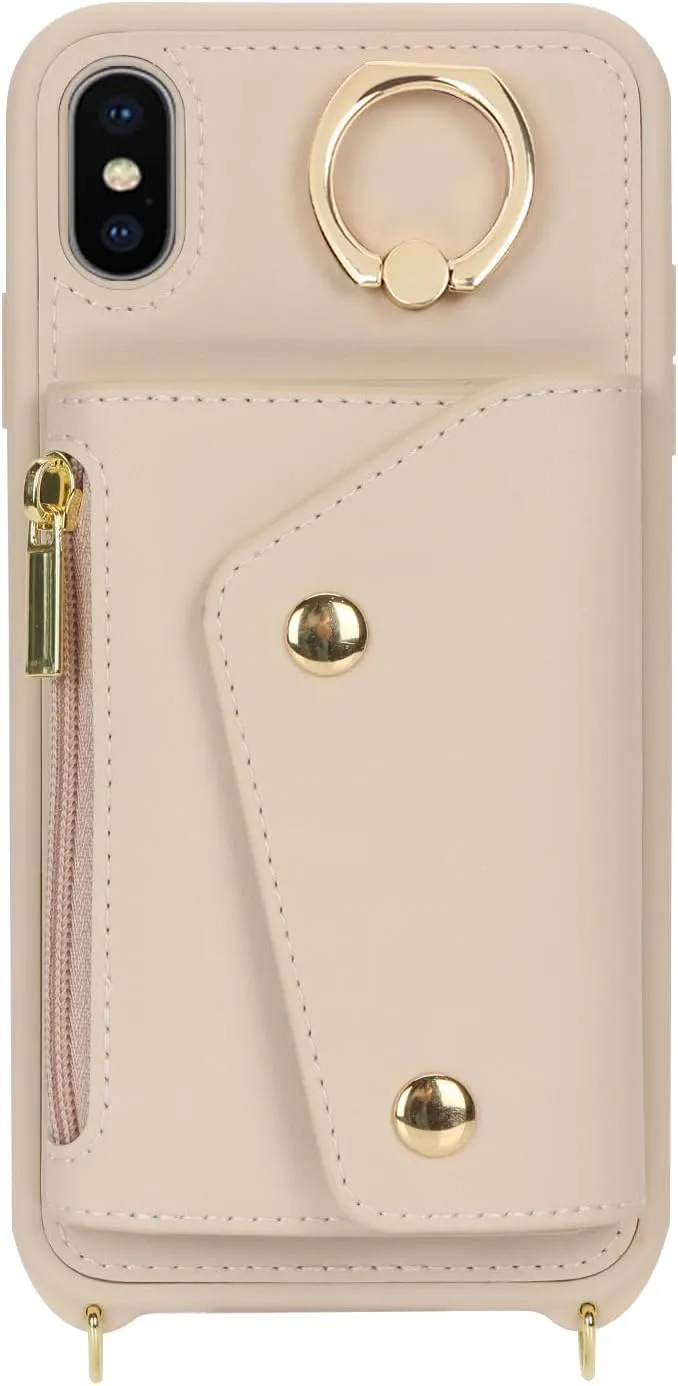 for iPhone X/XS Case with Card Holder and Strap - Zipper Pocket,Crossbody Lanyard Strap,Credit Card Holder,Stand Ring,Cute Phone Wallet Case for Women(Beige,5.8 Inch)