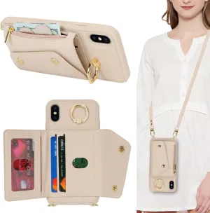 for iPhone X/XS Case with Card Holder and Strap - Zipper Pocket,Crossbody Lanyard Strap,Credit Card Holder,Stand Ring,Cute Phone Wallet Case for Women(Beige,5.8 Inch)