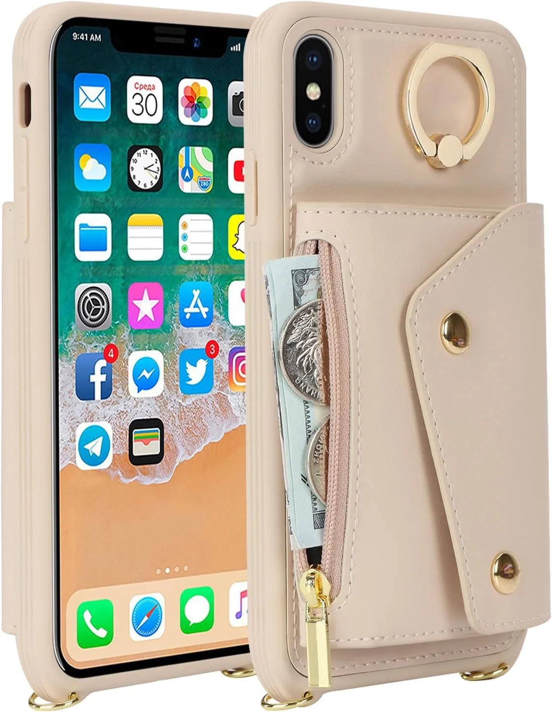 for iPhone X/XS Case with Card Holder and Strap - Zipper Pocket,Crossbody Lanyard Strap,Credit Card Holder,Stand Ring,Cute Phone Wallet Case for Women(Beige,5.8 Inch)