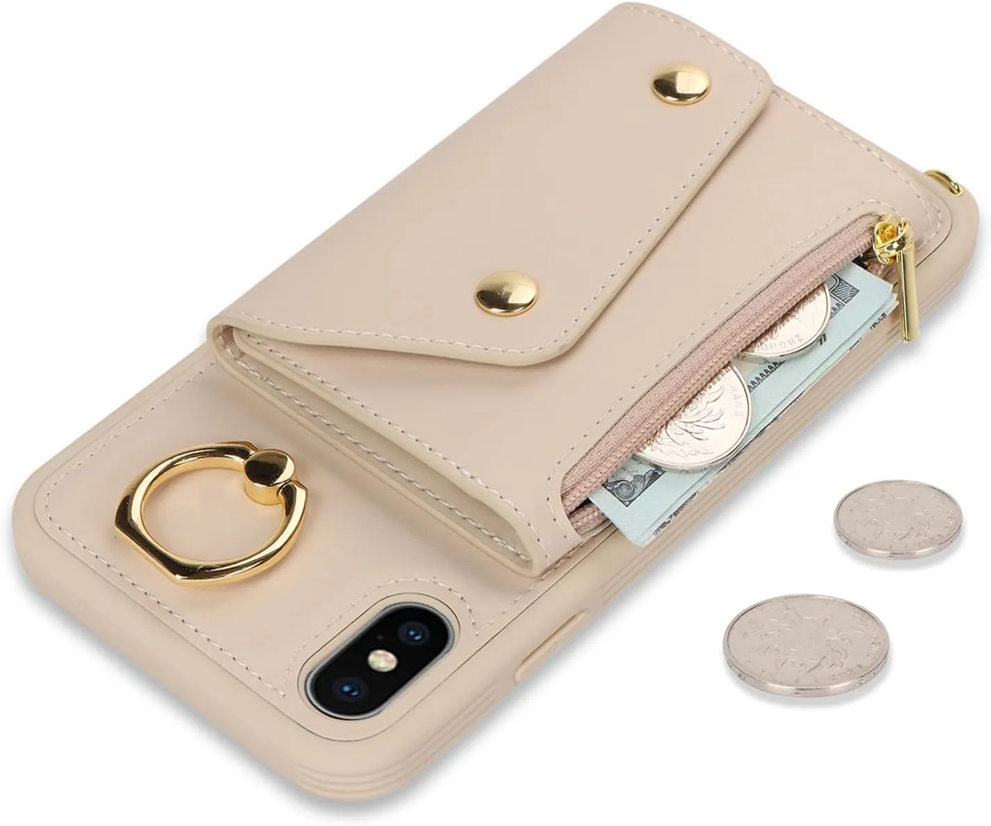 for iPhone X/XS Case with Card Holder and Strap - Zipper Pocket,Crossbody Lanyard Strap,Credit Card Holder,Stand Ring,Cute Phone Wallet Case for Women(Beige,5.8 Inch)