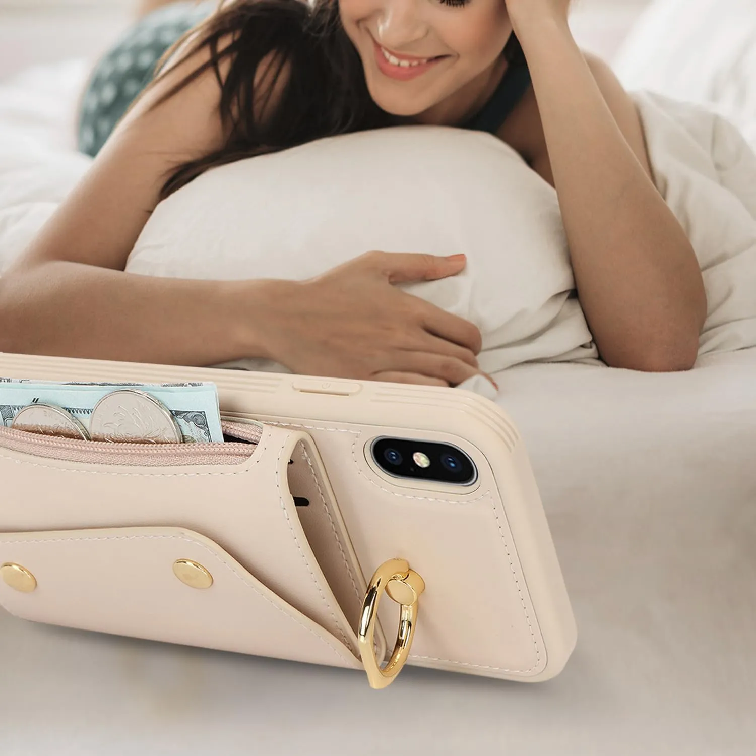 for iPhone X/XS Case with Card Holder and Strap - Zipper Pocket,Crossbody Lanyard Strap,Credit Card Holder,Stand Ring,Cute Phone Wallet Case for Women(Beige,5.8 Inch)
