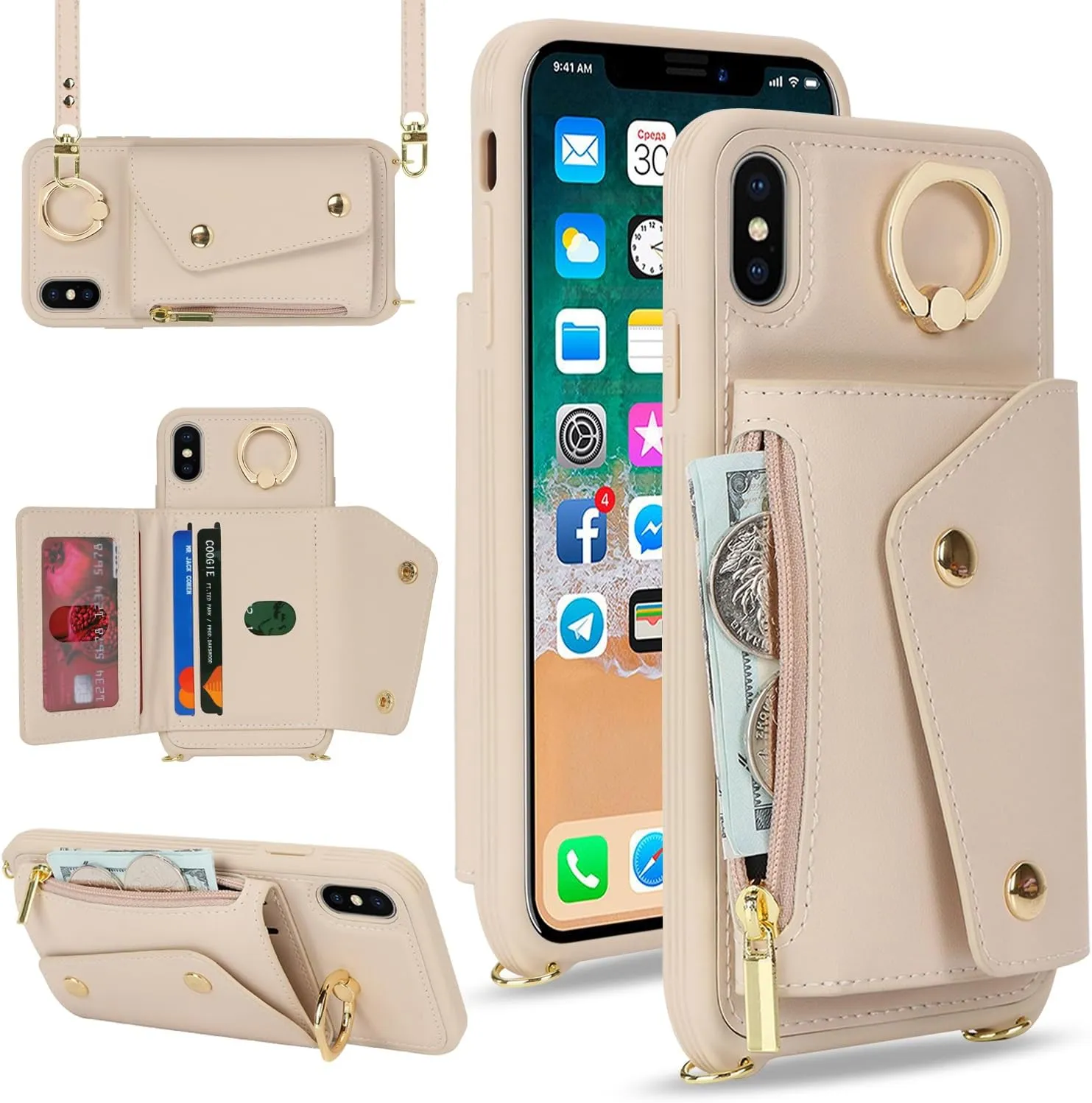for iPhone X/XS Case with Card Holder and Strap - Zipper Pocket,Crossbody Lanyard Strap,Credit Card Holder,Stand Ring,Cute Phone Wallet Case for Women(Beige,5.8 Inch)