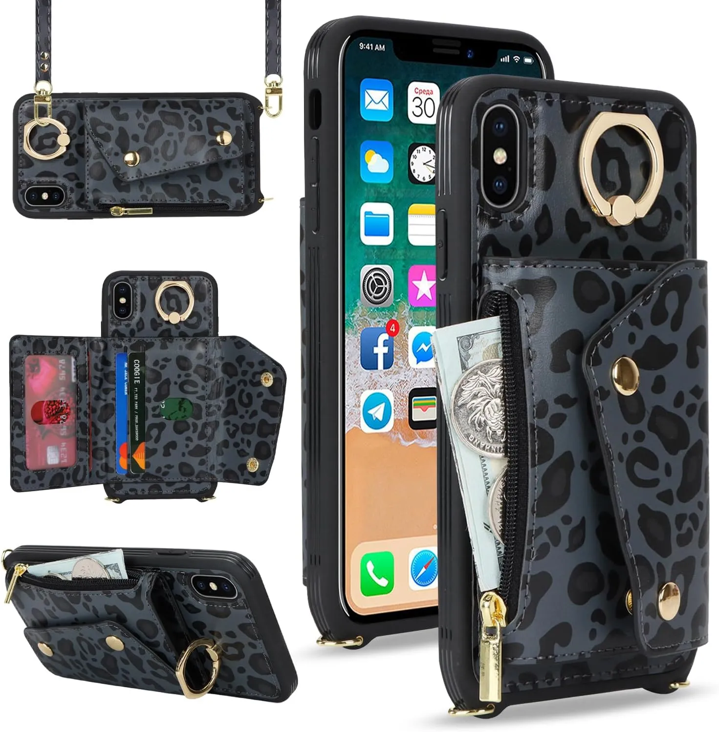 for iPhone X/XS Case with Card Holder and Strap - Zipper Pocket,Crossbody Lanyard Strap,Credit Card Holder,Stand Ring,Cute Phone Wallet Case for Women(Black Leopard,5.8 Inch)