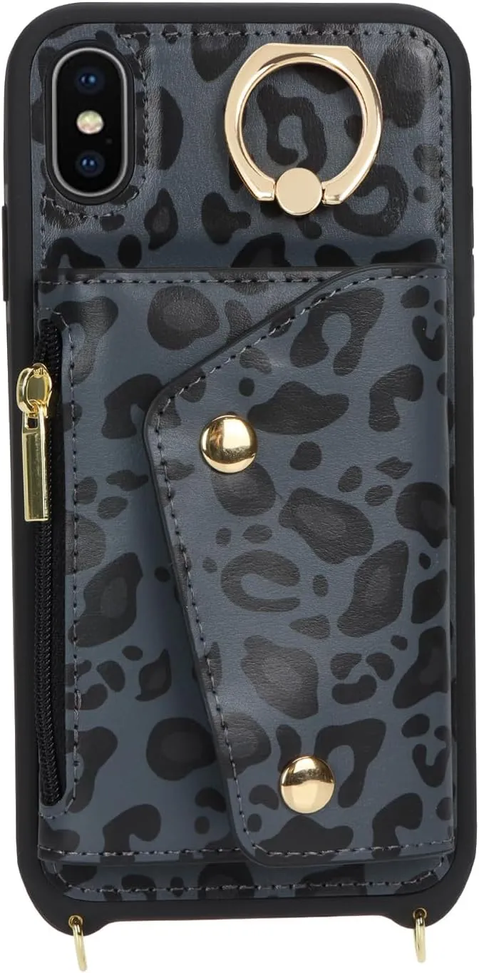 for iPhone X/XS Case with Card Holder and Strap - Zipper Pocket,Crossbody Lanyard Strap,Credit Card Holder,Stand Ring,Cute Phone Wallet Case for Women(Black Leopard,5.8 Inch)