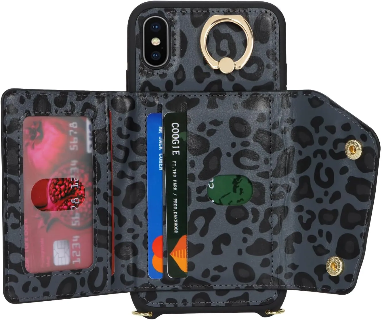 for iPhone X/XS Case with Card Holder and Strap - Zipper Pocket,Crossbody Lanyard Strap,Credit Card Holder,Stand Ring,Cute Phone Wallet Case for Women(Black Leopard,5.8 Inch)