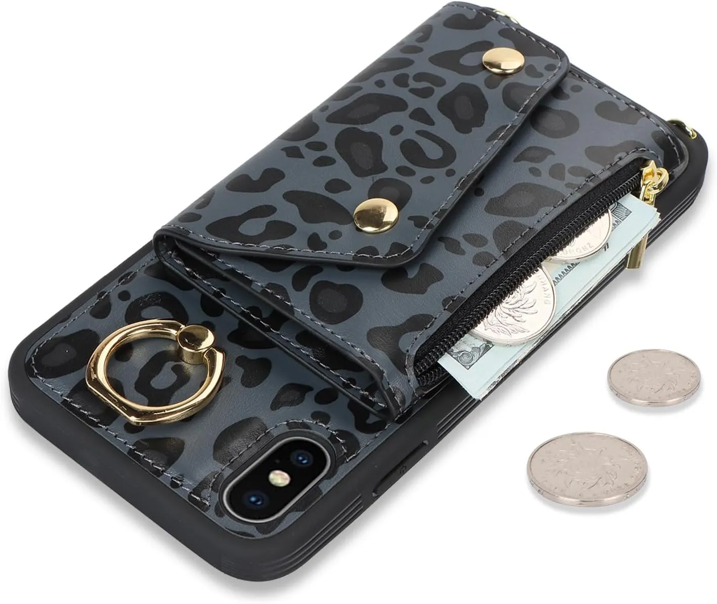for iPhone X/XS Case with Card Holder and Strap - Zipper Pocket,Crossbody Lanyard Strap,Credit Card Holder,Stand Ring,Cute Phone Wallet Case for Women(Black Leopard,5.8 Inch)