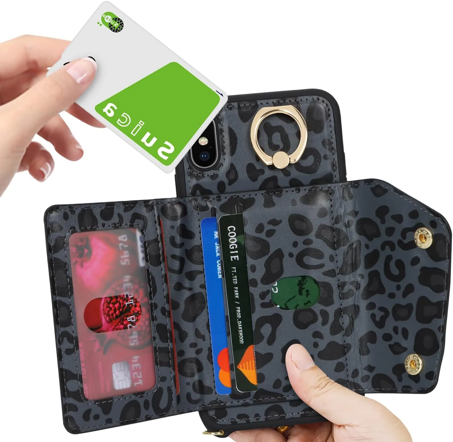 for iPhone X/XS Case with Card Holder and Strap - Zipper Pocket,Crossbody Lanyard Strap,Credit Card Holder,Stand Ring,Cute Phone Wallet Case for Women(Black Leopard,5.8 Inch)