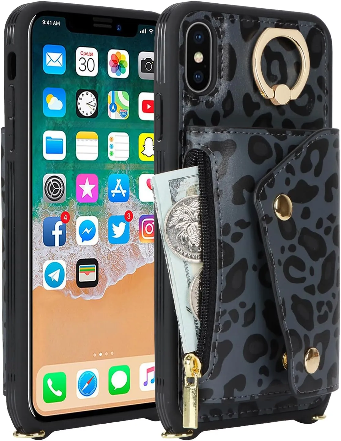 for iPhone X/XS Case with Card Holder and Strap - Zipper Pocket,Crossbody Lanyard Strap,Credit Card Holder,Stand Ring,Cute Phone Wallet Case for Women(Black Leopard,5.8 Inch)