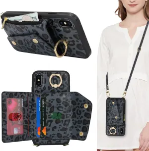 for iPhone X/XS Case with Card Holder and Strap - Zipper Pocket,Crossbody Lanyard Strap,Credit Card Holder,Stand Ring,Cute Phone Wallet Case for Women(Black Leopard,5.8 Inch)