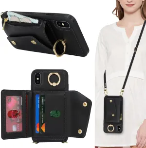 for iPhone X/XS Case with Card Holder and Strap - Zipper Pocket,Crossbody Lanyard Strap,Credit Card Holder,Stand Ring,Cute Phone Wallet Case for Women(Black,5.8 Inch)