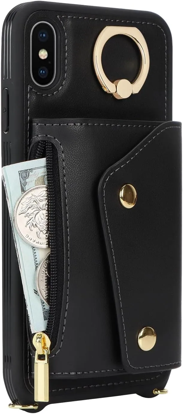 for iPhone X/XS Case with Card Holder and Strap - Zipper Pocket,Crossbody Lanyard Strap,Credit Card Holder,Stand Ring,Cute Phone Wallet Case for Women(Black,5.8 Inch)