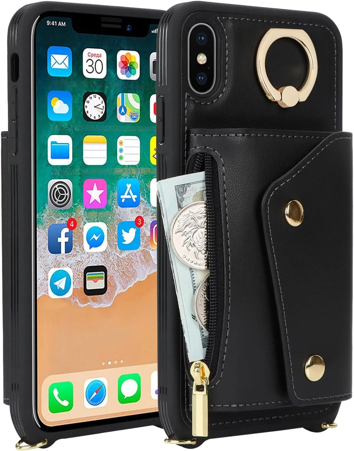 for iPhone X/XS Case with Card Holder and Strap - Zipper Pocket,Crossbody Lanyard Strap,Credit Card Holder,Stand Ring,Cute Phone Wallet Case for Women(Black,5.8 Inch)