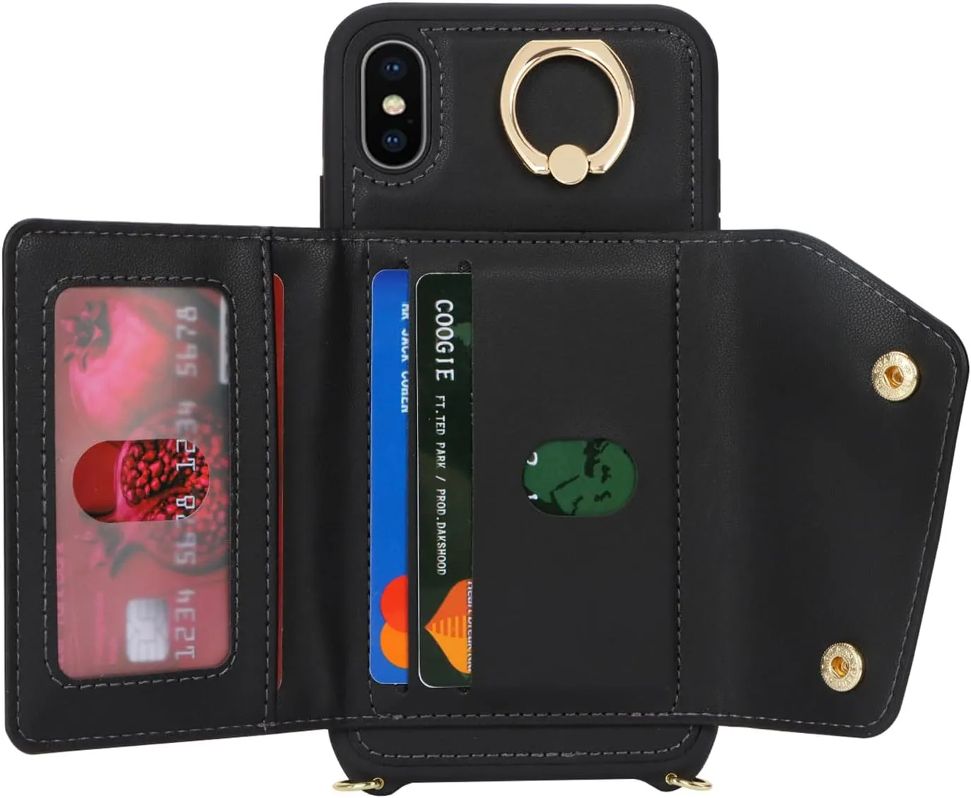 for iPhone X/XS Case with Card Holder and Strap - Zipper Pocket,Crossbody Lanyard Strap,Credit Card Holder,Stand Ring,Cute Phone Wallet Case for Women(Black,5.8 Inch)