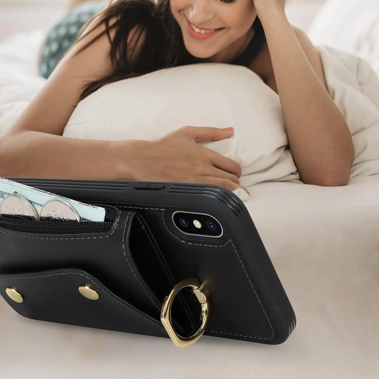 for iPhone X/XS Case with Card Holder and Strap - Zipper Pocket,Crossbody Lanyard Strap,Credit Card Holder,Stand Ring,Cute Phone Wallet Case for Women(Black,5.8 Inch)