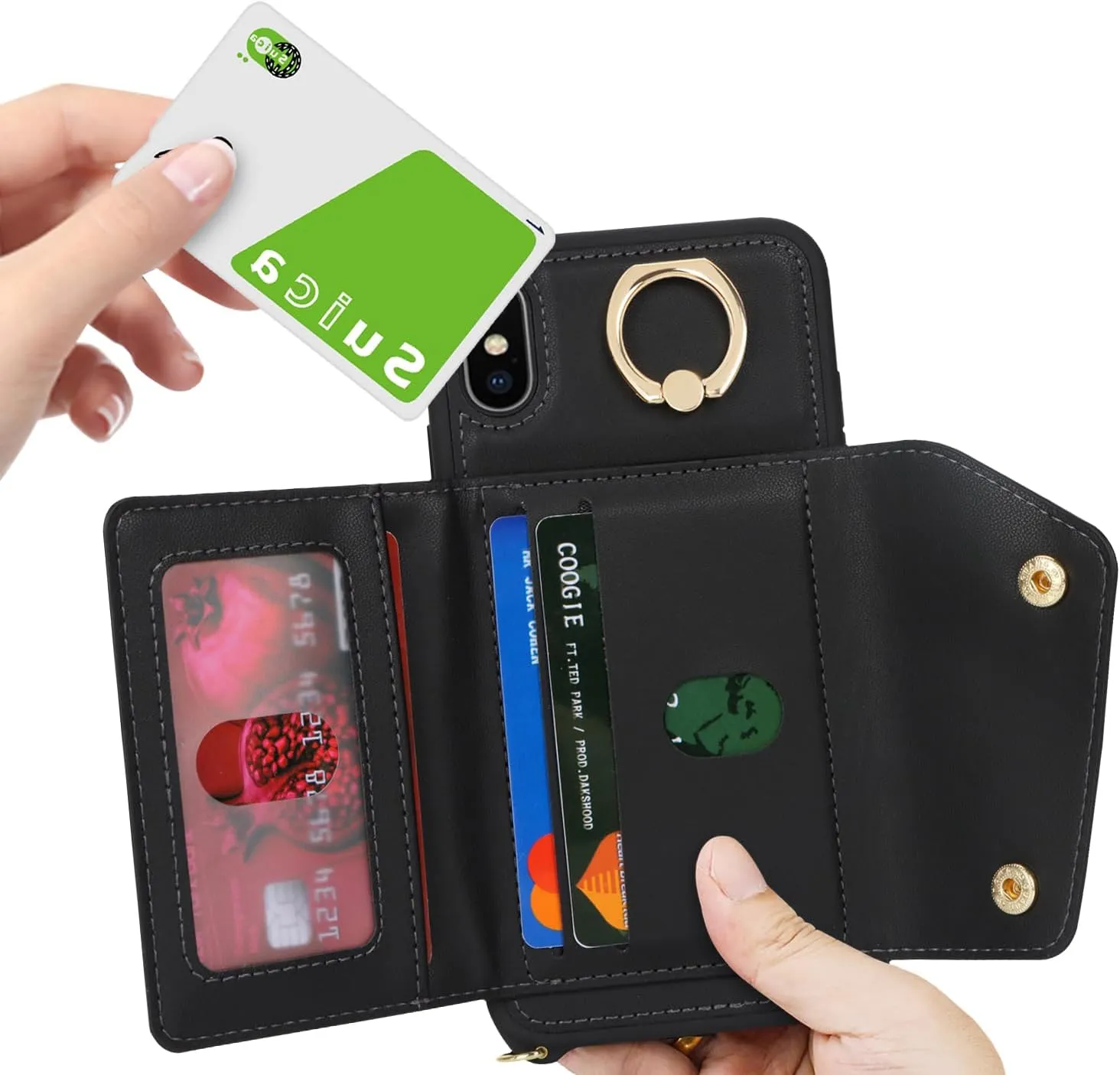 for iPhone X/XS Case with Card Holder and Strap - Zipper Pocket,Crossbody Lanyard Strap,Credit Card Holder,Stand Ring,Cute Phone Wallet Case for Women(Black,5.8 Inch)