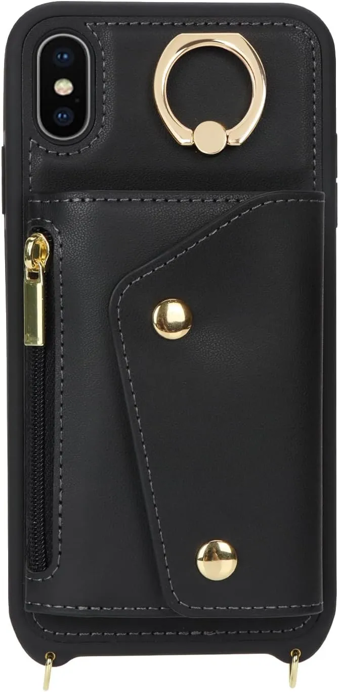 for iPhone X/XS Case with Card Holder and Strap - Zipper Pocket,Crossbody Lanyard Strap,Credit Card Holder,Stand Ring,Cute Phone Wallet Case for Women(Black,5.8 Inch)