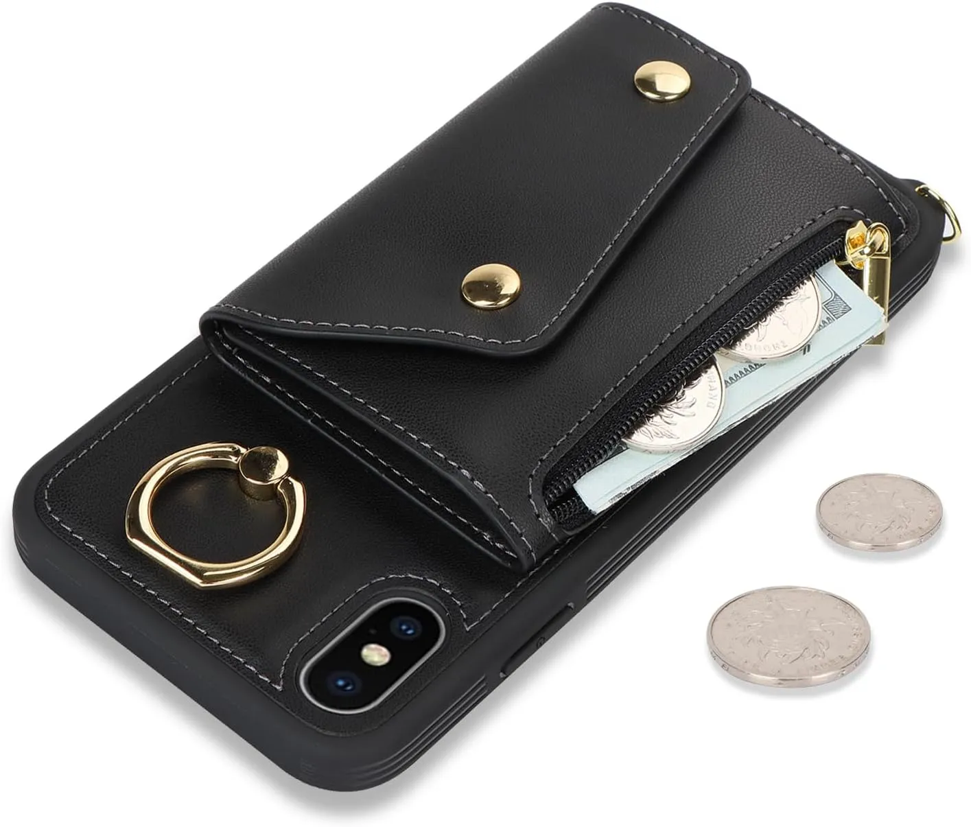 for iPhone X/XS Case with Card Holder and Strap - Zipper Pocket,Crossbody Lanyard Strap,Credit Card Holder,Stand Ring,Cute Phone Wallet Case for Women(Black,5.8 Inch)