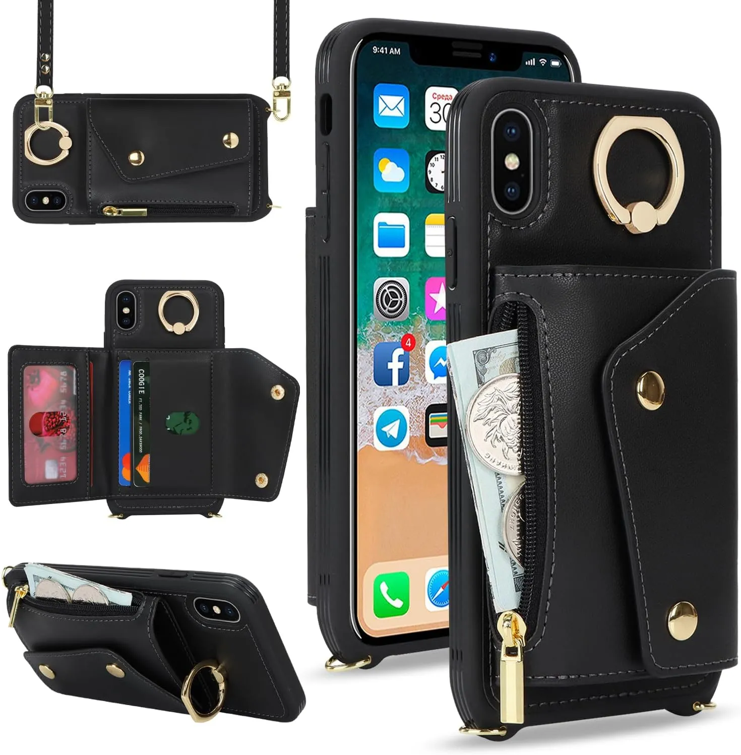 for iPhone X/XS Case with Card Holder and Strap - Zipper Pocket,Crossbody Lanyard Strap,Credit Card Holder,Stand Ring,Cute Phone Wallet Case for Women(Black,5.8 Inch)