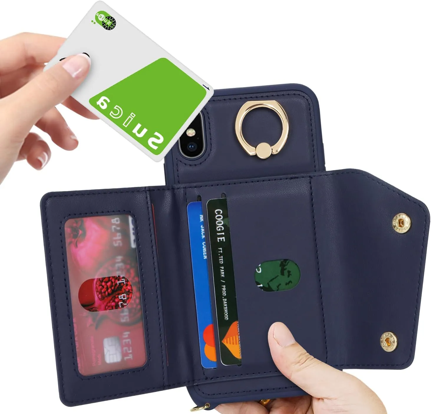 for iPhone X/XS Case with Card Holder and Strap - Zipper Pocket,Crossbody Lanyard Strap,Credit Card Holder,Stand Ring,Cute Phone Wallet Case for Women(Dark Blue,5.8 Inch)