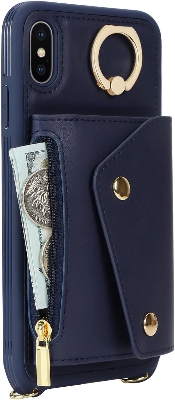 for iPhone X/XS Case with Card Holder and Strap - Zipper Pocket,Crossbody Lanyard Strap,Credit Card Holder,Stand Ring,Cute Phone Wallet Case for Women(Dark Blue,5.8 Inch)
