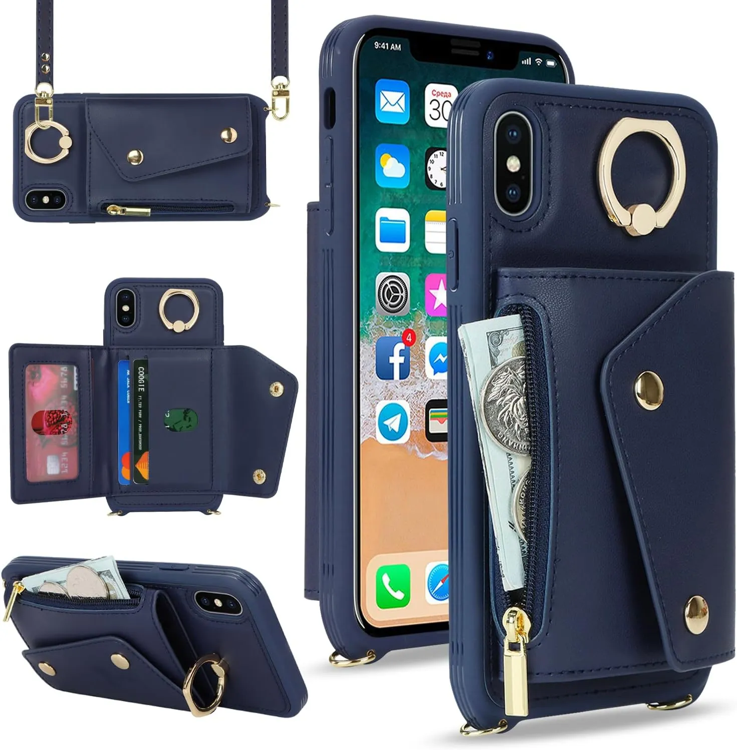 for iPhone X/XS Case with Card Holder and Strap - Zipper Pocket,Crossbody Lanyard Strap,Credit Card Holder,Stand Ring,Cute Phone Wallet Case for Women(Dark Blue,5.8 Inch)