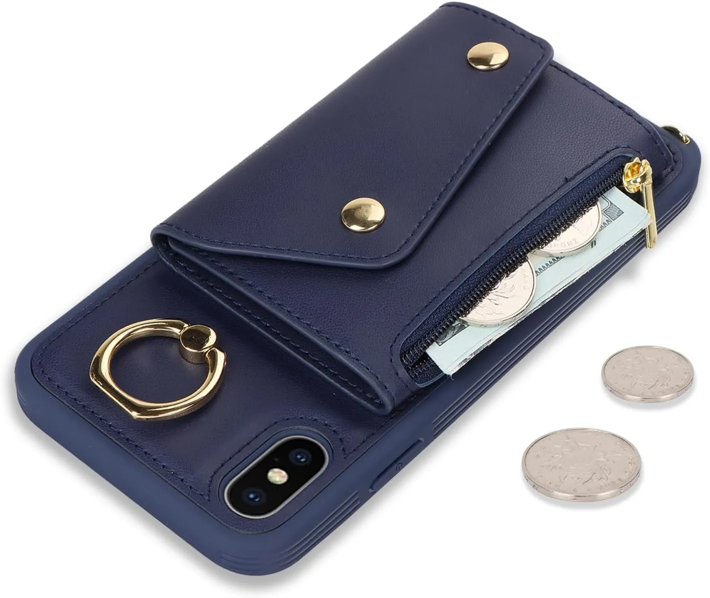 for iPhone X/XS Case with Card Holder and Strap - Zipper Pocket,Crossbody Lanyard Strap,Credit Card Holder,Stand Ring,Cute Phone Wallet Case for Women(Dark Blue,5.8 Inch)