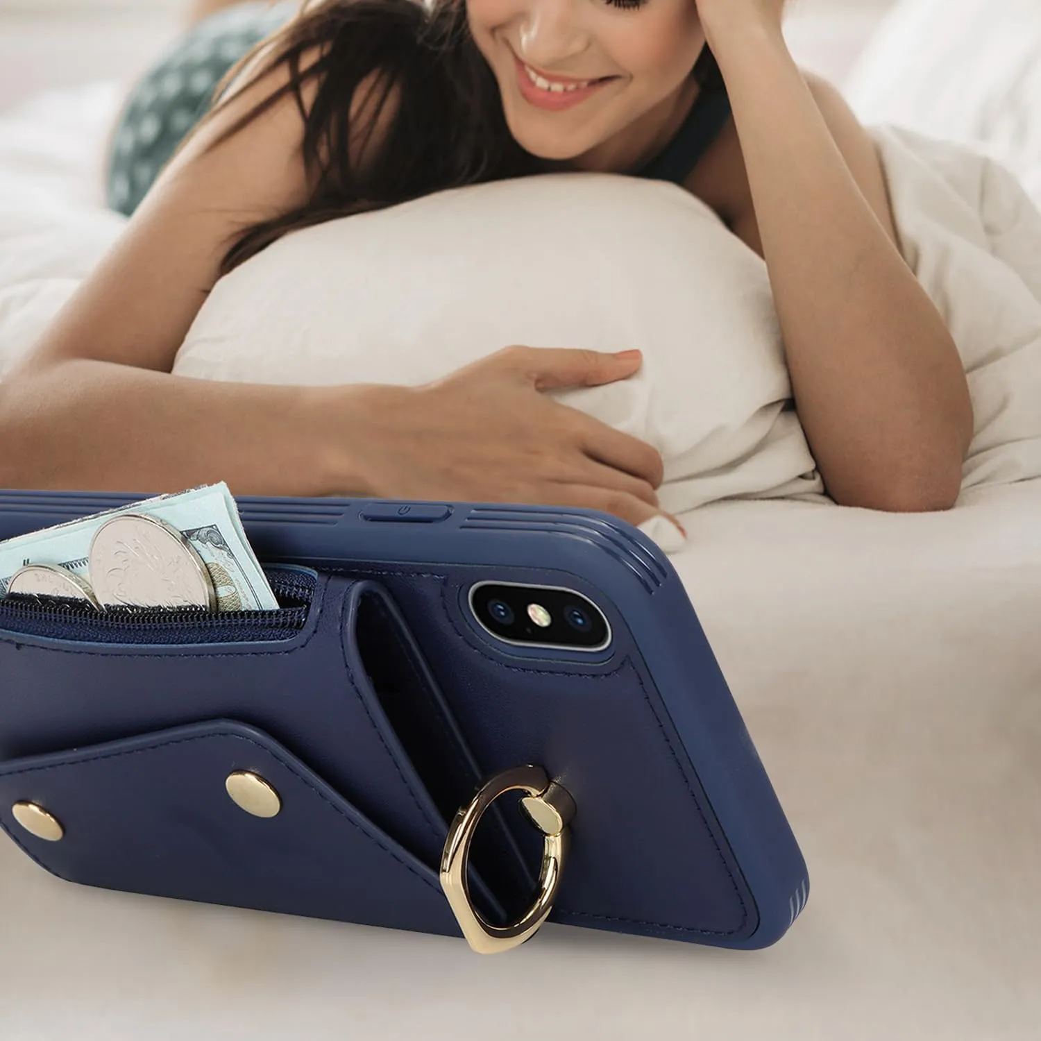 for iPhone X/XS Case with Card Holder and Strap - Zipper Pocket,Crossbody Lanyard Strap,Credit Card Holder,Stand Ring,Cute Phone Wallet Case for Women(Dark Blue,5.8 Inch)
