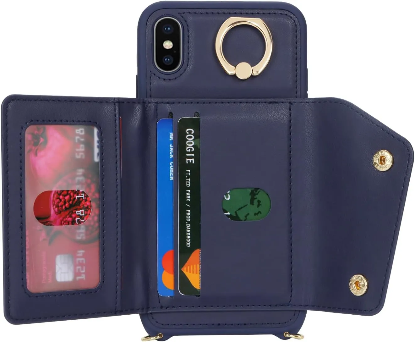 for iPhone X/XS Case with Card Holder and Strap - Zipper Pocket,Crossbody Lanyard Strap,Credit Card Holder,Stand Ring,Cute Phone Wallet Case for Women(Dark Blue,5.8 Inch)