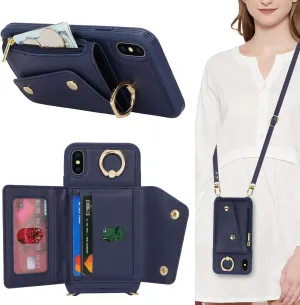 for iPhone X/XS Case with Card Holder and Strap - Zipper Pocket,Crossbody Lanyard Strap,Credit Card Holder,Stand Ring,Cute Phone Wallet Case for Women(Dark Blue,5.8 Inch)