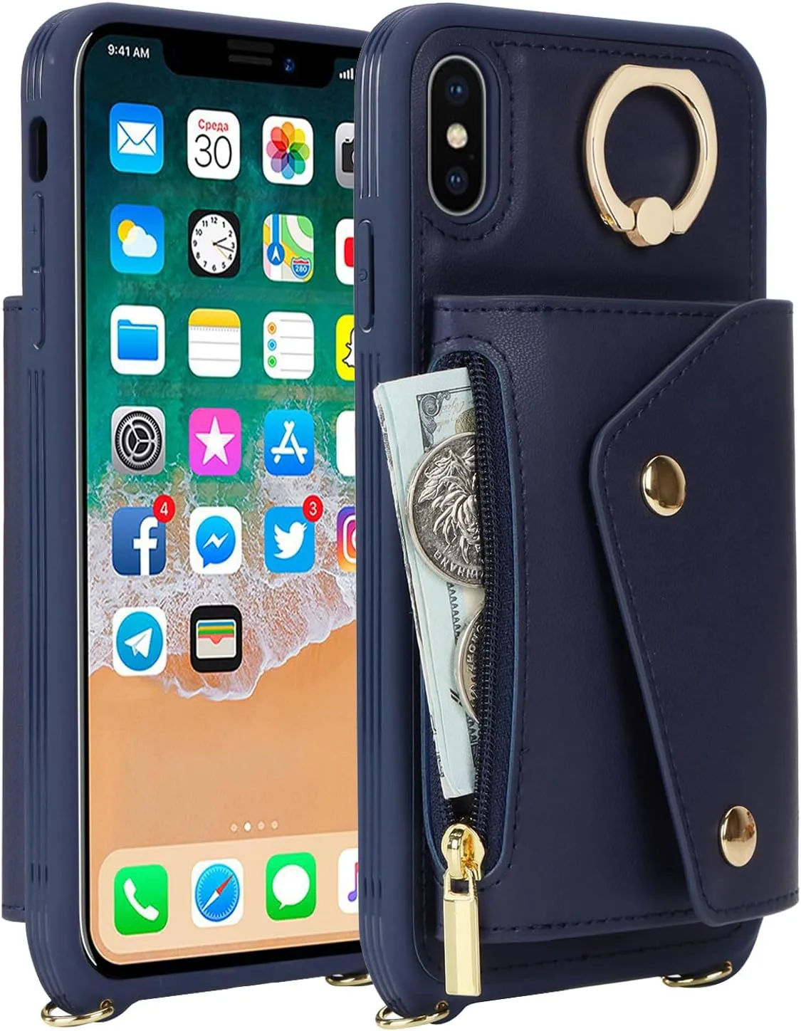 for iPhone X/XS Case with Card Holder and Strap - Zipper Pocket,Crossbody Lanyard Strap,Credit Card Holder,Stand Ring,Cute Phone Wallet Case for Women(Dark Blue,5.8 Inch)