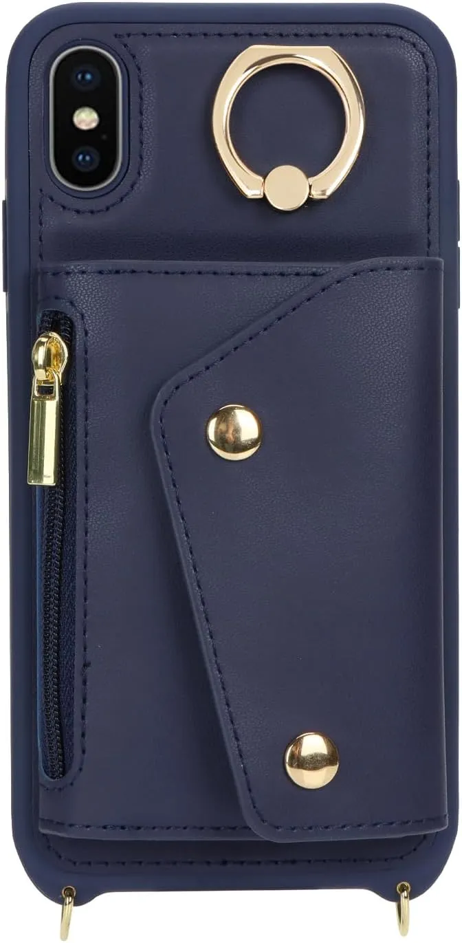 for iPhone X/XS Case with Card Holder and Strap - Zipper Pocket,Crossbody Lanyard Strap,Credit Card Holder,Stand Ring,Cute Phone Wallet Case for Women(Dark Blue,5.8 Inch)