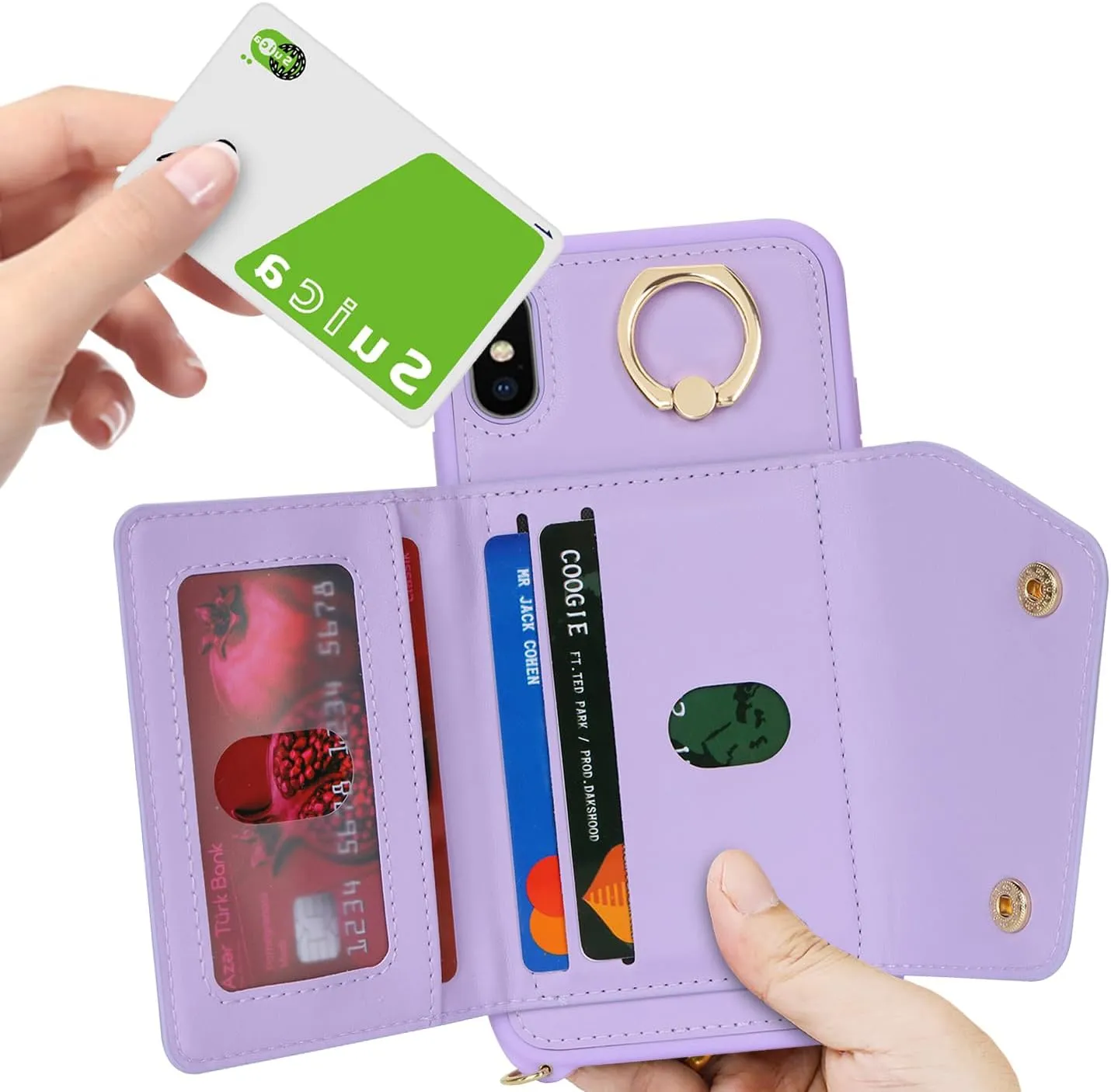 for iPhone X/XS Case with Card Holder and Strap - Zipper Pocket,Crossbody Lanyard Strap,Credit Card Holder,Stand Ring,Cute Phone Wallet Case for Women(Purple,5.8 Inch)