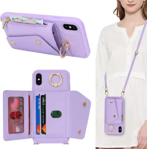for iPhone X/XS Case with Card Holder and Strap - Zipper Pocket,Crossbody Lanyard Strap,Credit Card Holder,Stand Ring,Cute Phone Wallet Case for Women(Purple,5.8 Inch)