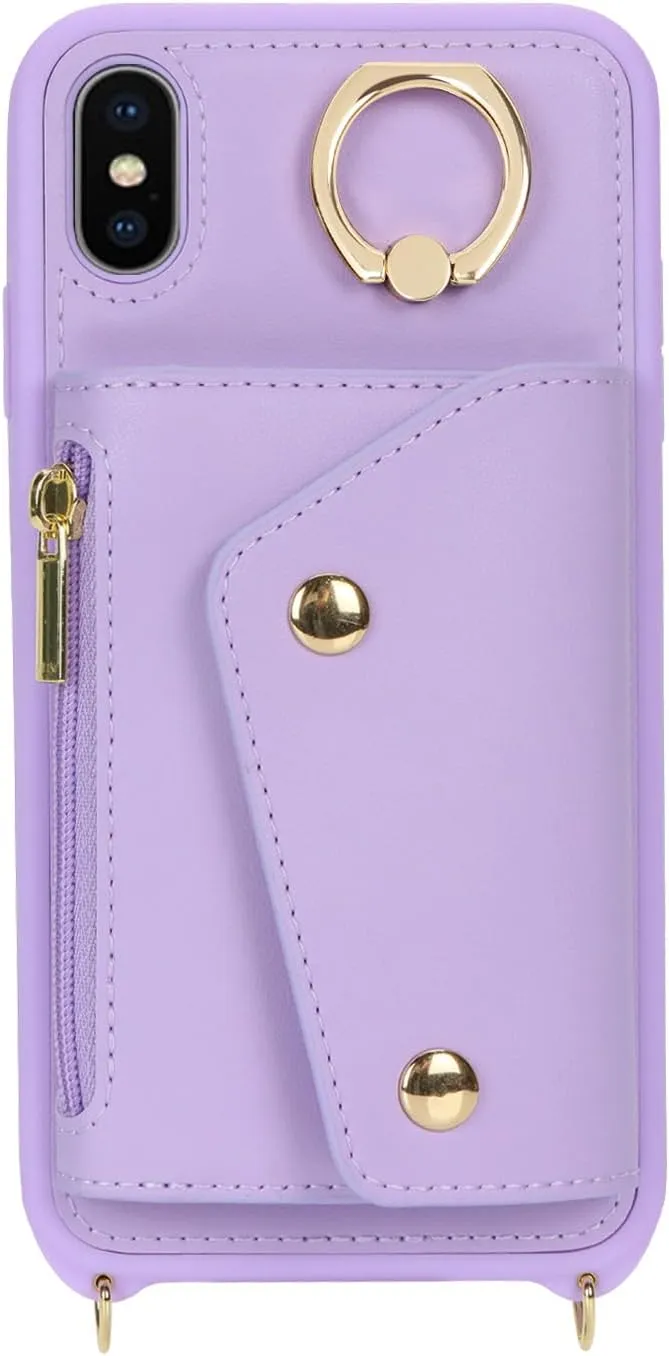 for iPhone X/XS Case with Card Holder and Strap - Zipper Pocket,Crossbody Lanyard Strap,Credit Card Holder,Stand Ring,Cute Phone Wallet Case for Women(Purple,5.8 Inch)