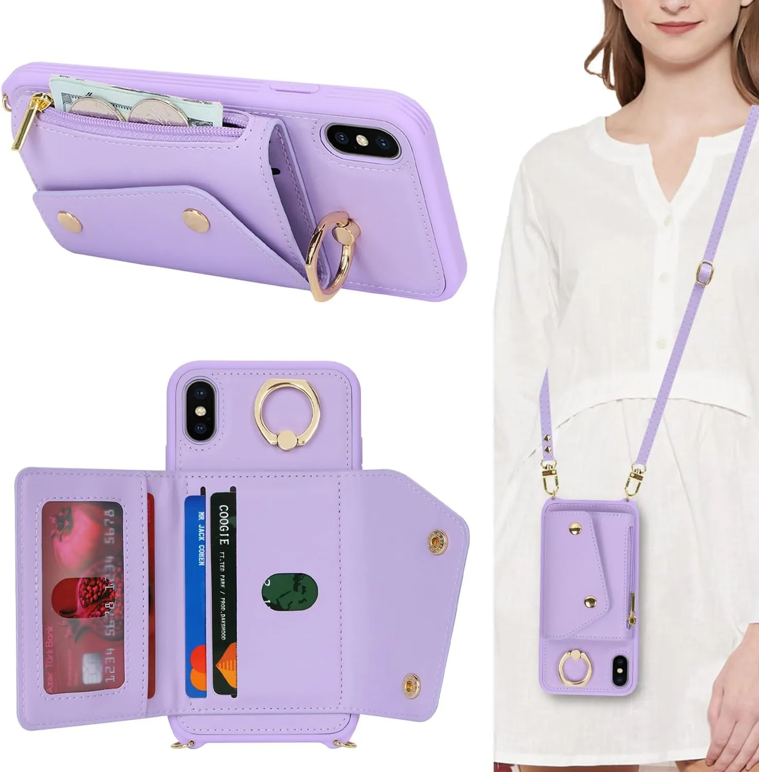 for iPhone X/XS Case with Card Holder and Strap - Zipper Pocket,Crossbody Lanyard Strap,Credit Card Holder,Stand Ring,Cute Phone Wallet Case for Women(Purple,5.8 Inch)
