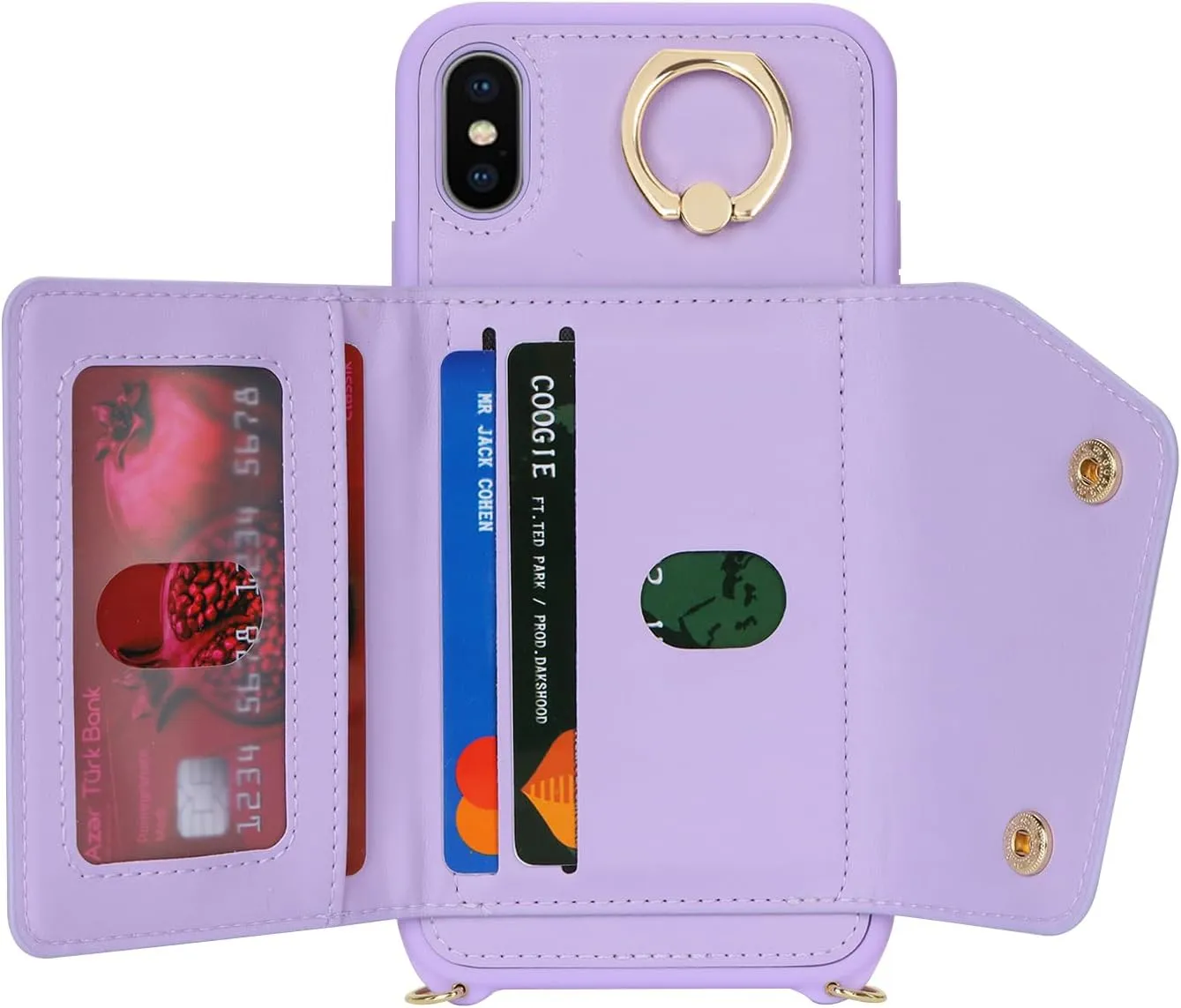 for iPhone X/XS Case with Card Holder and Strap - Zipper Pocket,Crossbody Lanyard Strap,Credit Card Holder,Stand Ring,Cute Phone Wallet Case for Women(Purple,5.8 Inch)