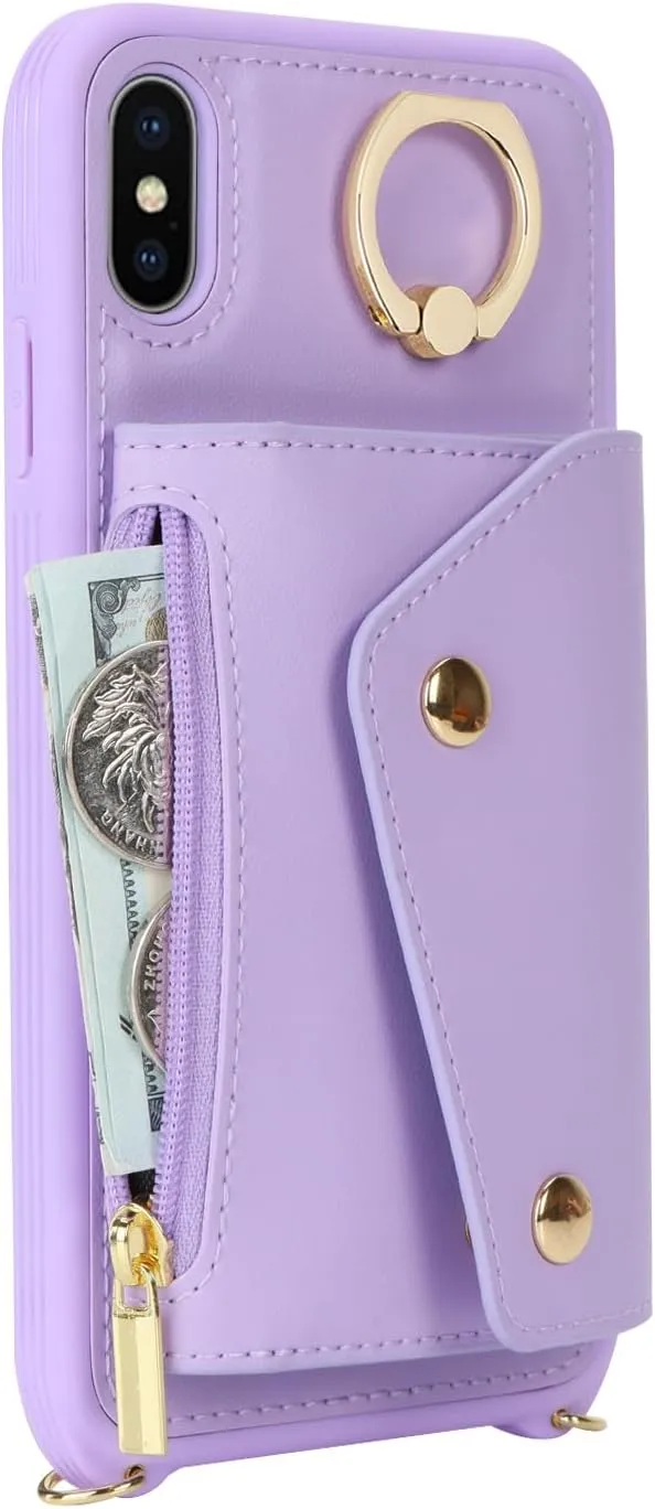 for iPhone X/XS Case with Card Holder and Strap - Zipper Pocket,Crossbody Lanyard Strap,Credit Card Holder,Stand Ring,Cute Phone Wallet Case for Women(Purple,5.8 Inch)