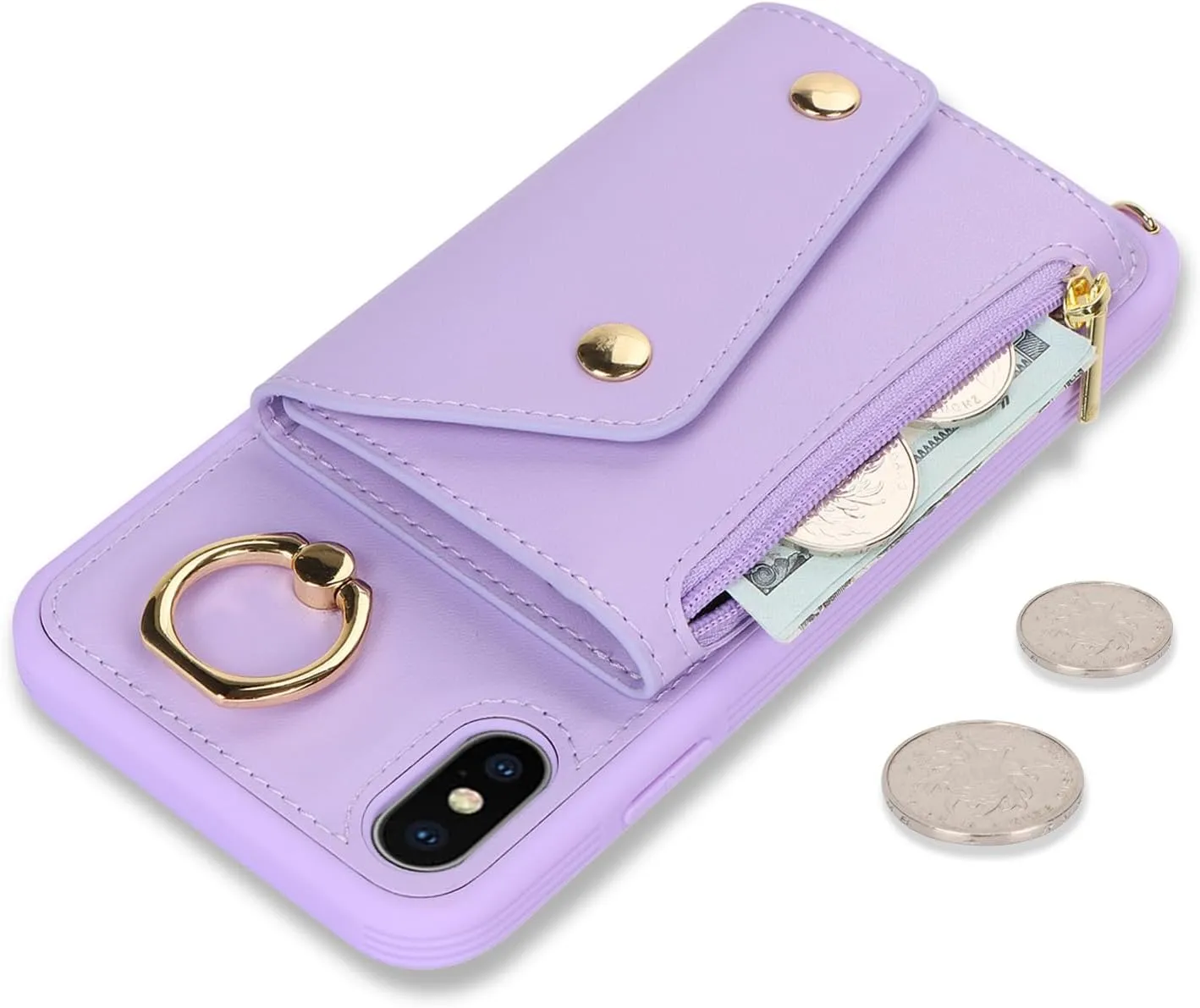 for iPhone X/XS Case with Card Holder and Strap - Zipper Pocket,Crossbody Lanyard Strap,Credit Card Holder,Stand Ring,Cute Phone Wallet Case for Women(Purple,5.8 Inch)