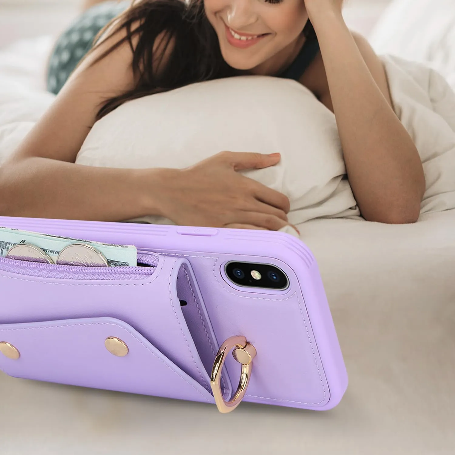 for iPhone X/XS Case with Card Holder and Strap - Zipper Pocket,Crossbody Lanyard Strap,Credit Card Holder,Stand Ring,Cute Phone Wallet Case for Women(Purple,5.8 Inch)