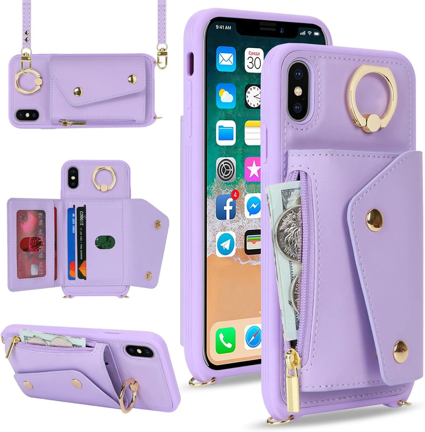 for iPhone X/XS Case with Card Holder and Strap - Zipper Pocket,Crossbody Lanyard Strap,Credit Card Holder,Stand Ring,Cute Phone Wallet Case for Women(Purple,5.8 Inch)