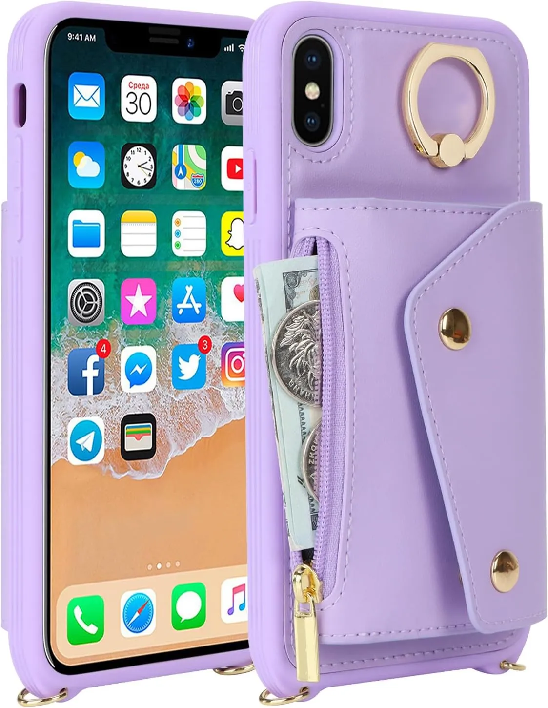 for iPhone X/XS Case with Card Holder and Strap - Zipper Pocket,Crossbody Lanyard Strap,Credit Card Holder,Stand Ring,Cute Phone Wallet Case for Women(Purple,5.8 Inch)