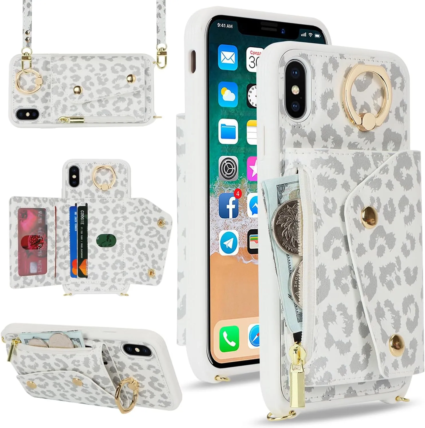 for iPhone X/XS Case with Card Holder and Strap - Zipper Pocket,Crossbody Lanyard Strap,Credit Card Holder,Stand Ring,Cute Phone Wallet Case for Women(White Leopard,5.8 Inch)