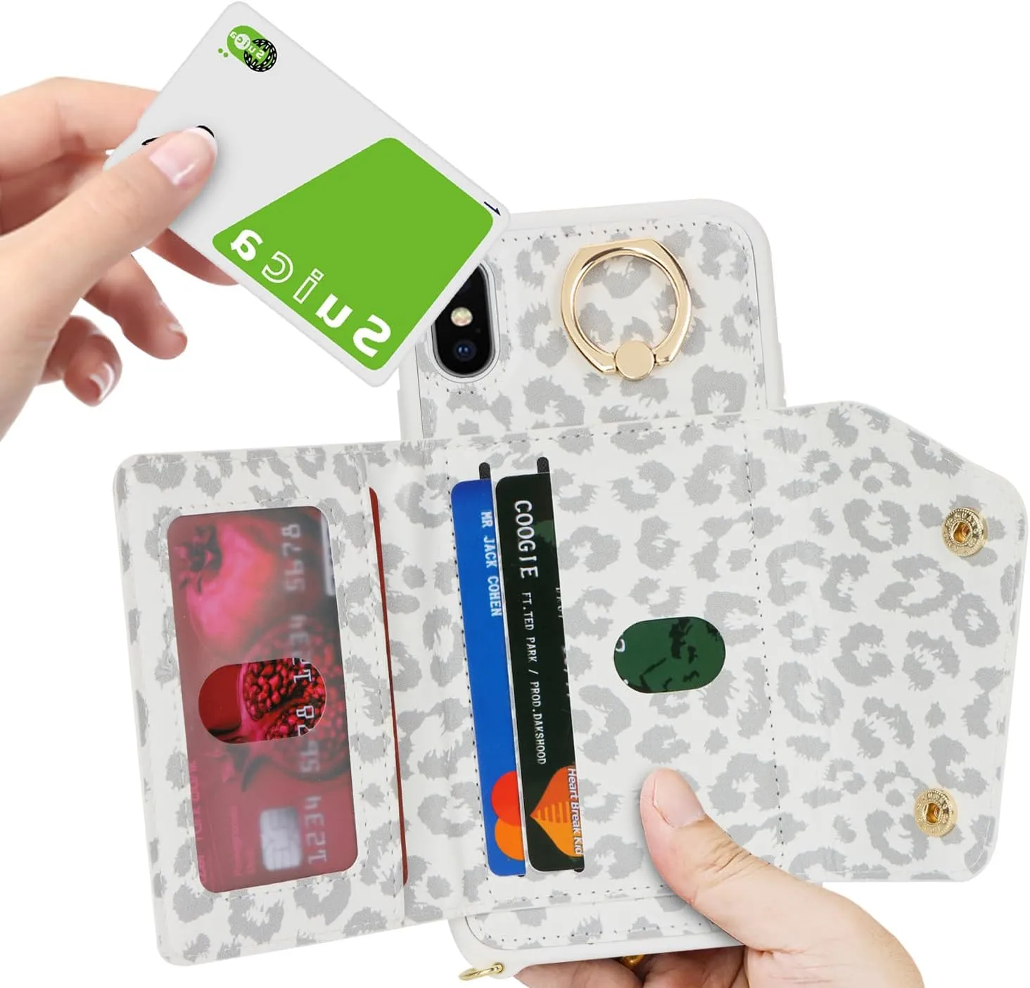 for iPhone X/XS Case with Card Holder and Strap - Zipper Pocket,Crossbody Lanyard Strap,Credit Card Holder,Stand Ring,Cute Phone Wallet Case for Women(White Leopard,5.8 Inch)
