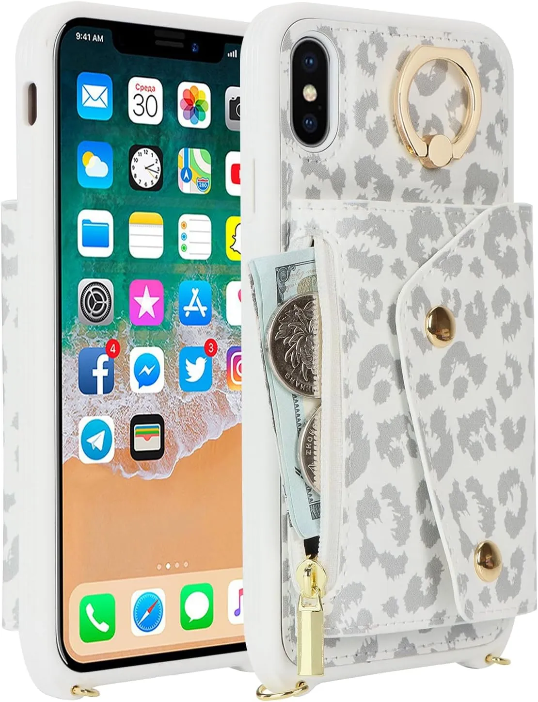 for iPhone X/XS Case with Card Holder and Strap - Zipper Pocket,Crossbody Lanyard Strap,Credit Card Holder,Stand Ring,Cute Phone Wallet Case for Women(White Leopard,5.8 Inch)